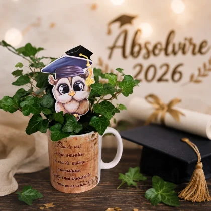 Aranjament de absolvire cu iederă naturală în cană personalizată și bufniță cu tocă, decor festiv pentru absolvenți.