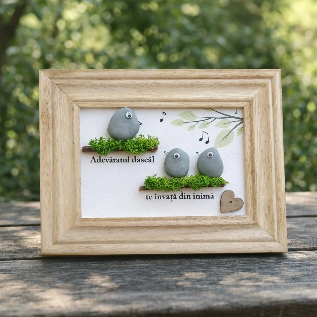Tablou handmade cu pietre reprezentând un dascăl și doi elevi pe crenguțe, cu mesajul „Adevăratul dascăl te învață din inimă”, în ramă din lemn natur.