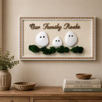 Tablou decorativ handmade „Our Family Rocks” cu 3 pietre albe stilizate și elemente naturale decorative.