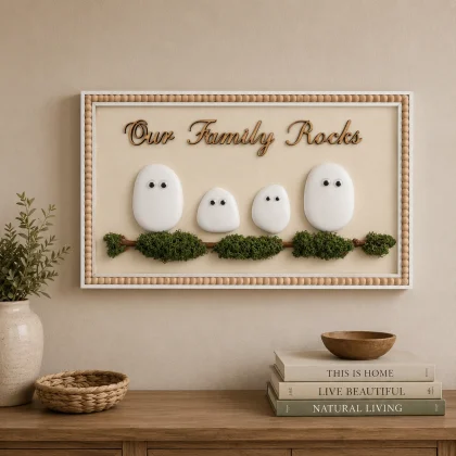 Tablou decorativ handmade „Our Family Rocks” cu 4 pietre albe stilizate, ramă elegantă și elemente naturale din mușchi decorativ.