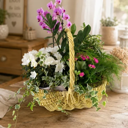 Coș elegant cu plante naturale, orhidee roz, azalee albă, kalanchoe și iederă decorativă, zamioculcas si asparagus