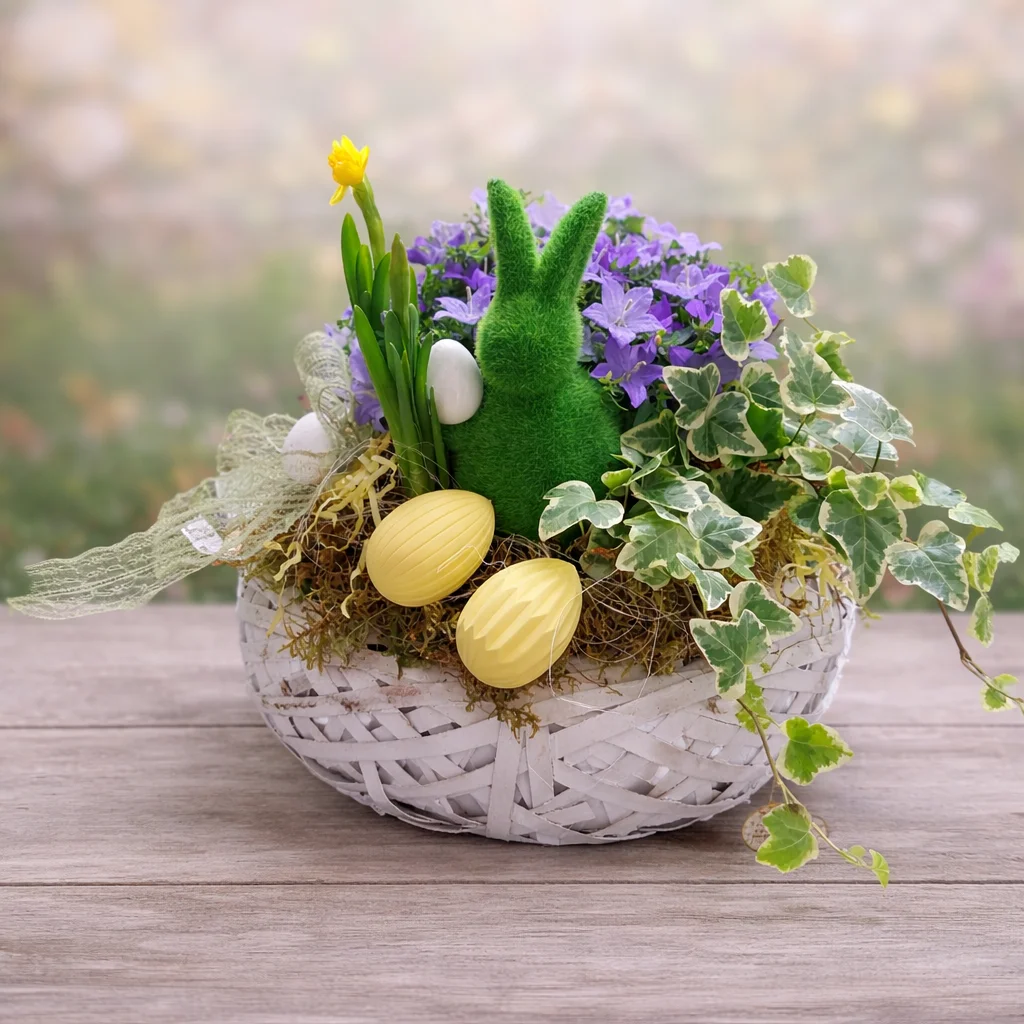 Aranjament de Paște într-un coș alb, cu iepuraș verde decorativ, campanula mov, ouă decorative galbene și iederă curgătoare