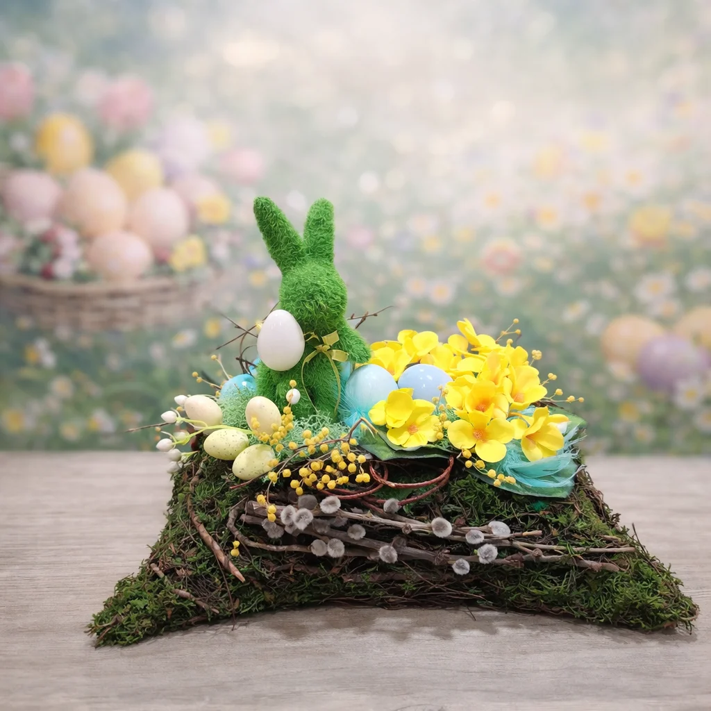 Aranjament de Paște cu iepuraș verde, ouă decorative pastel și flori mov într-un suport rustic din crenguțe