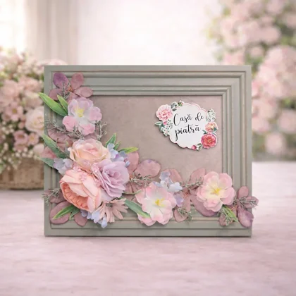 Tablou floral decorativ „Casă de piatră” cu flori artificiale pastelate, cadou pentru nuntă sau cununie