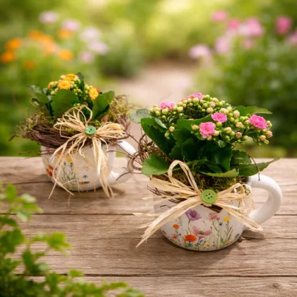 Aranjament floral cu Kalanchoe colorată în ceașcă ceramică decorativă cu fundă din rafie