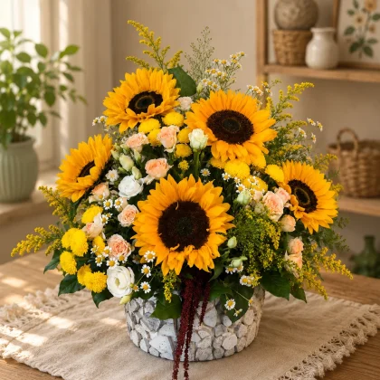 Aranjament floral Raze de soare, cu floarea-soarelui, miniroze somon și eustoma alba, santini și galbene, în vas decorativ din lemn