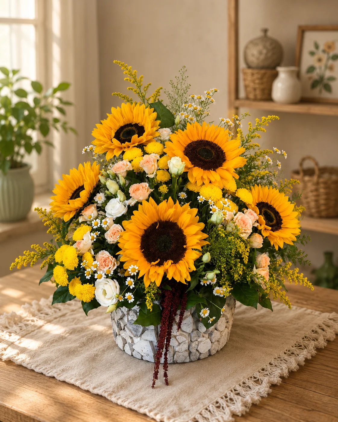 Aranjament floral Raze de soare, cu floarea-soarelui, miniroze somon și eustoma alba, santini și galbene, în vas decorativ din lemn