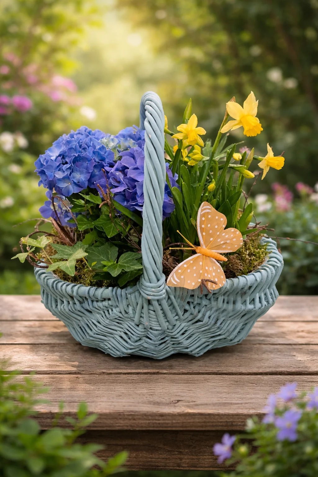 Coș decorativ de primăvară cu hortensie albastră și narcise galbene, aranjat în suport din răchită verde pastel, cu hortensia, narcise, iederă și fluture decorativ.
