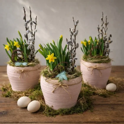 Aranjament de Paște în ghiveci cu narcise galbene, crenguțe de salcie și decor rustic natural