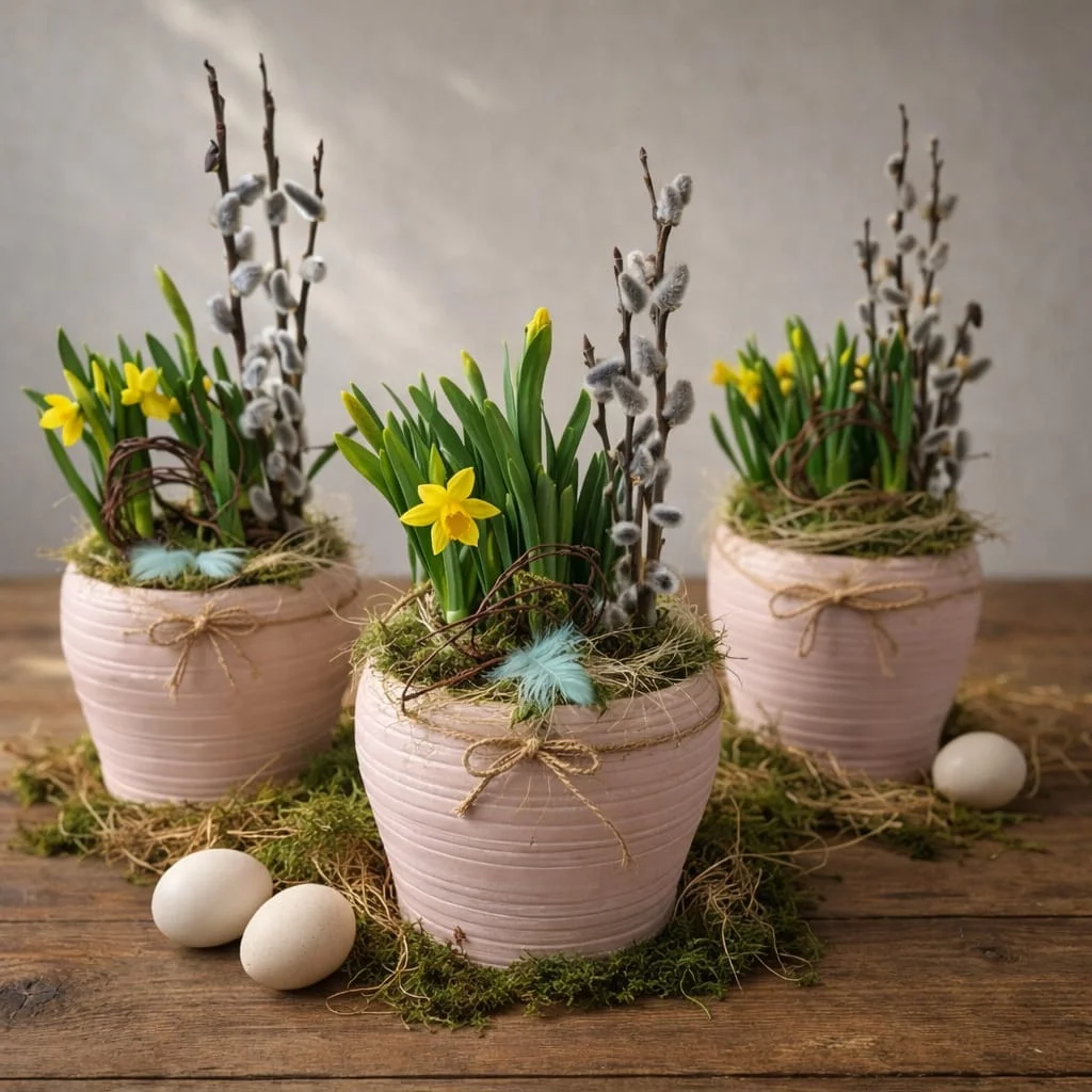 Aranjament de Paște în ghiveci cu narcise galbene, crenguțe de salcie și decor rustic natural