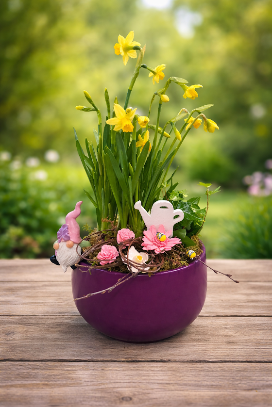 Aranjament cu narcise galbene si iedera in ghiveci mov, decorat cu gnom, stropitoare si flori decorative de primavara