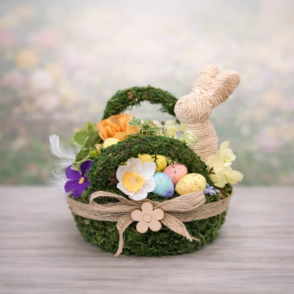 ARANJAMENT PASTE ”Easter basket”1 Aranjament de Paște în coș alb rustic cu iepuraș verde, flori artificiale și ouă decorative pastel