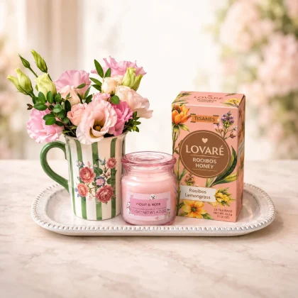 Pachet cadou cu ceai Lovaré Rooibos Honey, lumânare parfumată verde și aranjament floral în cană ceramică decorativă.