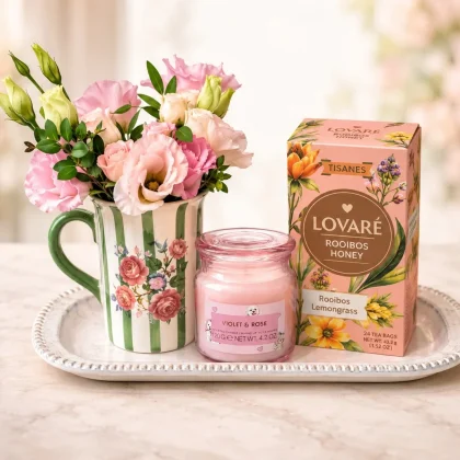 Pachet cadou cu ceai Lovaré Rooibos Honey, lumânare parfumată verde și aranjament floral în cană ceramică decorativă.