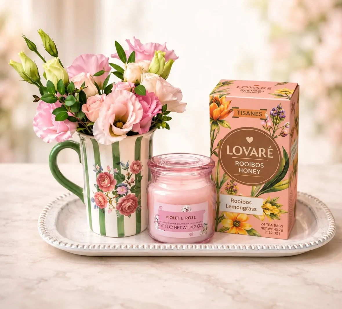 Pachet cadou cu ceai Lovaré Rooibos Honey, lumânare parfumată verde și aranjament floral în cană ceramică decorativă.