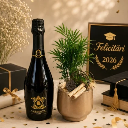 Pachet cadou absolvire 2026 cu prosecco Casanova Cuvée și plantă decorativă în ghiveci elegant